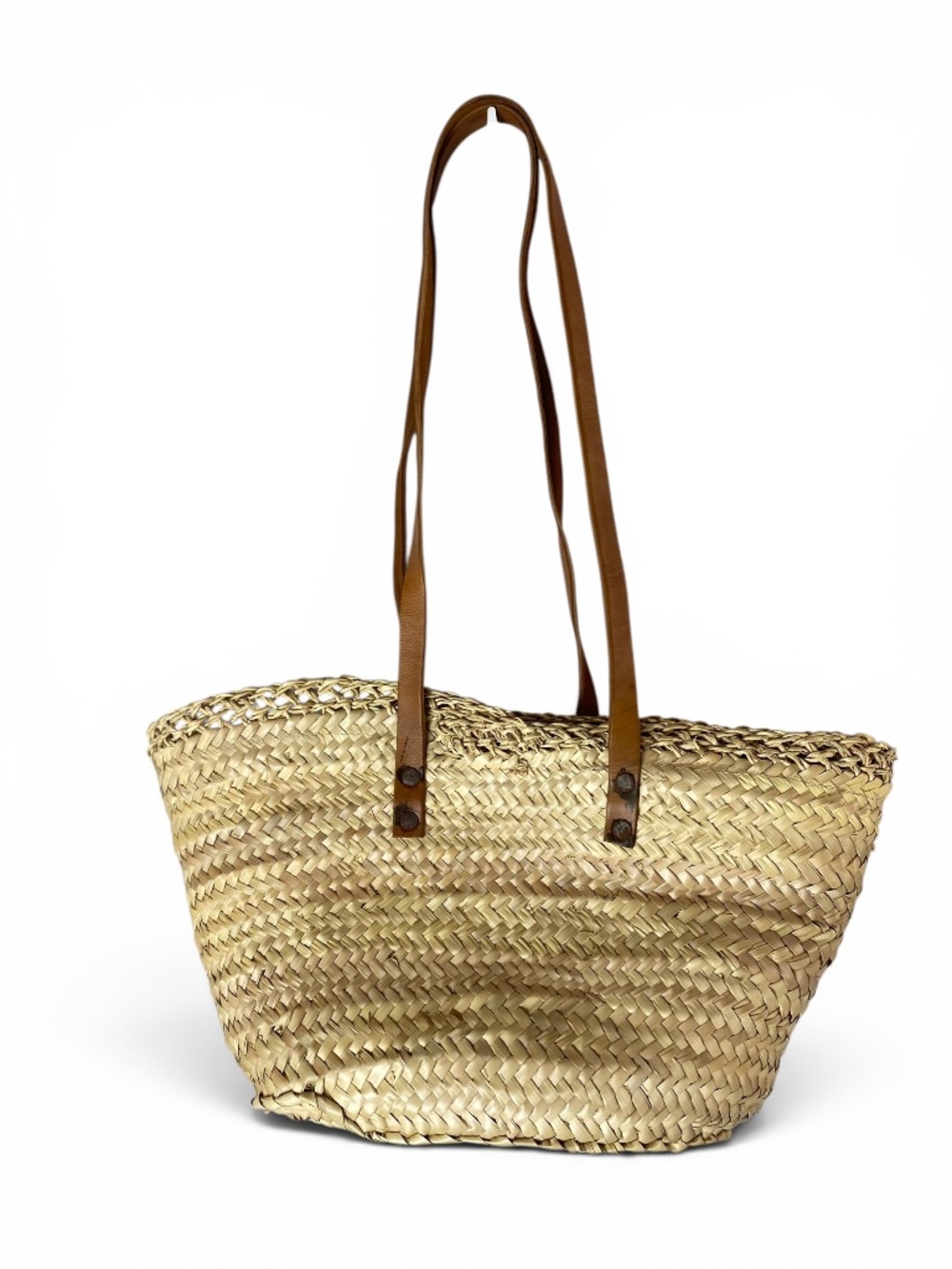 French Market Basket Tote | Woven Straw & Leather Straps | Drawstring Closure - Picture 2 of 7